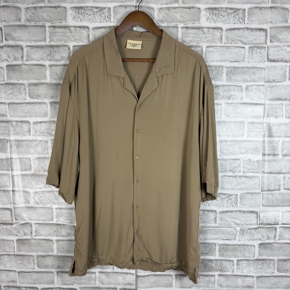 YoungLA Mens XXL Tan Khaki Viscose Short Sleeve Button Up Camp Shirt YLA 444